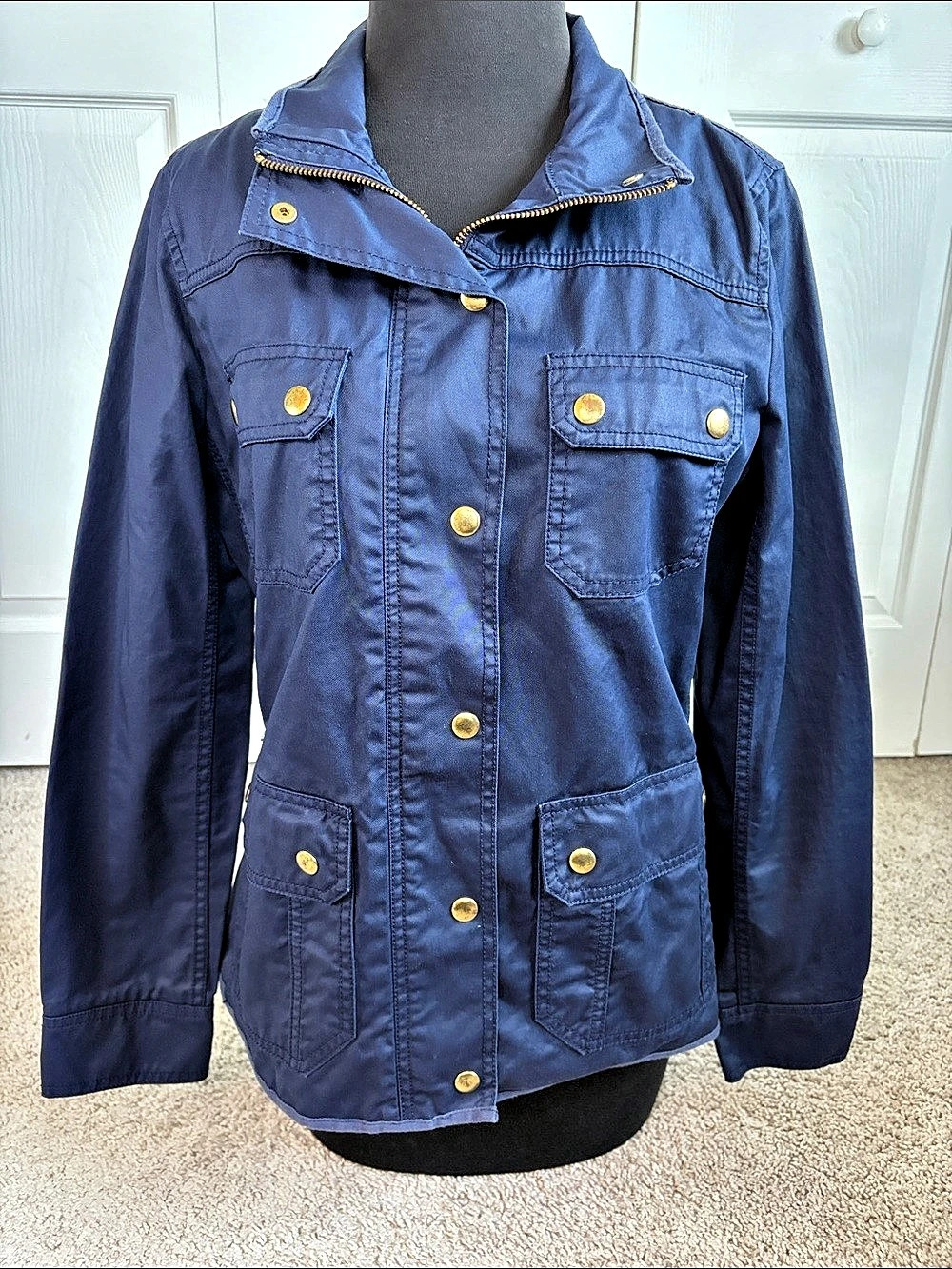 J.Crew Downtown Field Jacket Coated Cotton Utility Chore Navy Blue S Snap Front